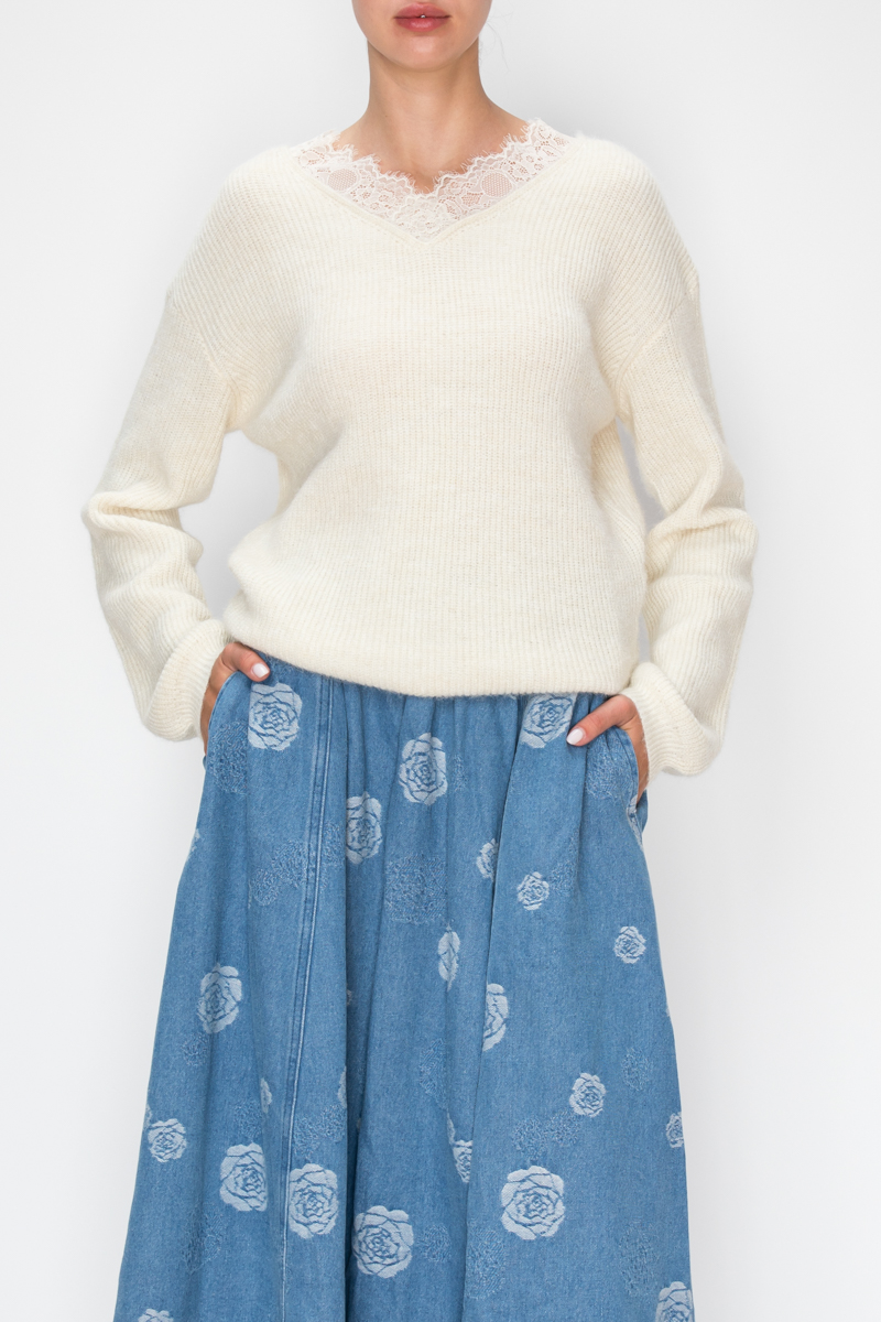 Stitch And Co Soft Cream And Lace Trim Sweater