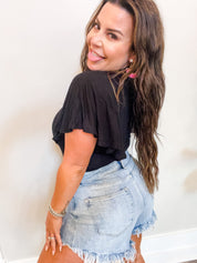 Black Flutter Sleeve Scoop Neck Body Suit