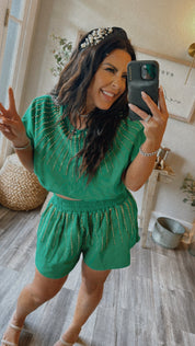 Jeaneane's Custom Green and Gold Sparkle Studded Top